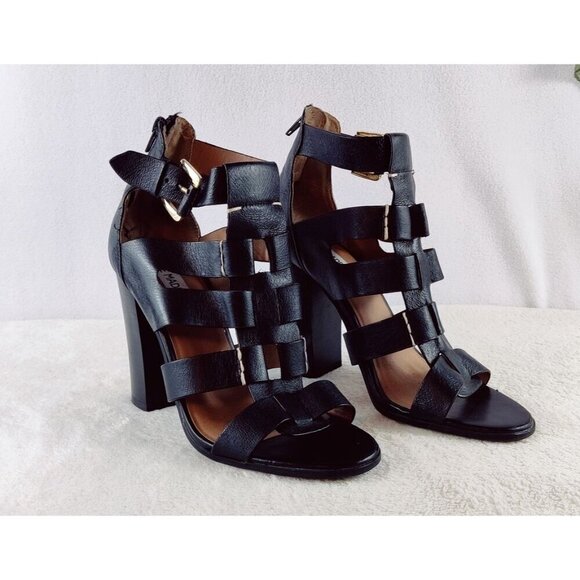 Steve Madden Black Leather Gladiator Sandal Stacked 4" Black Heel Sexy Size 7.5 - Picture 3 of 10